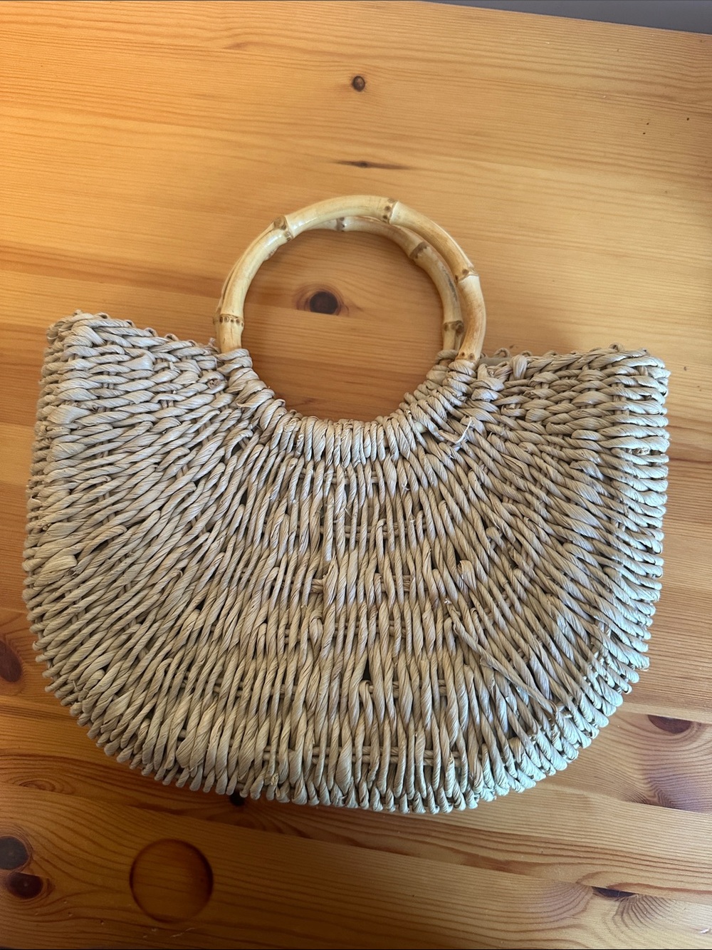 Faded Glory Natural Woven Straw Tote with Bamboo Handles